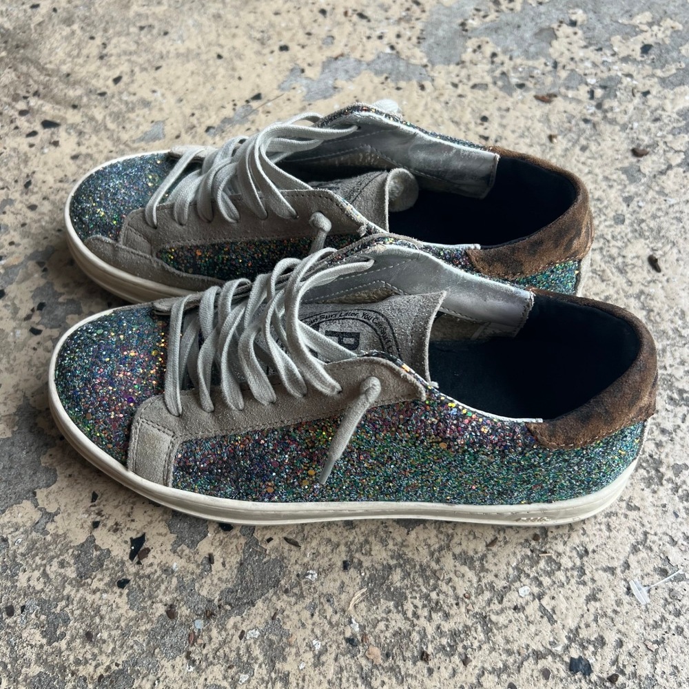 P448 John Multi Color Glitter Suede Leopard Heel Sneakers Womens 36 Silver Grey